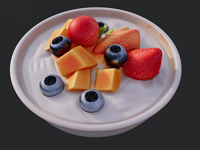 Fresh Fruit Platter With Strawberries Blueberries And Mango Cubes On White Plate 3d model