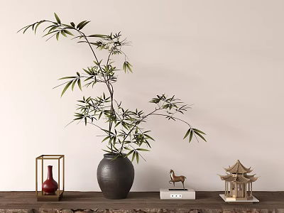 Bamboo in Black Vase with Red Lantern Deer Figurine and Chinese Pavilion on Wooden Shelf 3d model