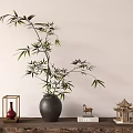 Bamboo in Black Vase with Red Lantern Deer Figurine and Chinese Pavilion on Wooden Shelf