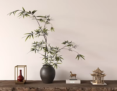 Bamboo in Black Vase with Red Lantern Deer Figurine and Chinese Pavilion on Wooden Shelf 3d model