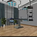 Medical Operating Room Interior With Surgical Lights Surgical Table Green Curtains And Plants