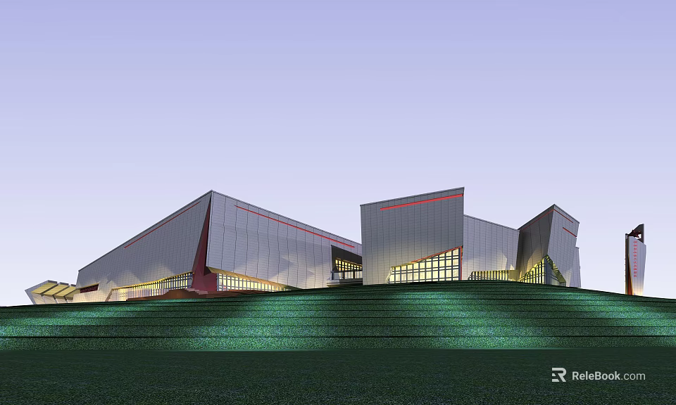 Modern Geometric Architectural Building With Glass Curtain Walls Illuminated Exterior And Green Lawn Foreground 3d model 