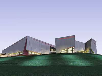 Modern Geometric Architectural Building With Glass Curtain Walls Illuminated Exterior And Green Lawn Foreground 3d model