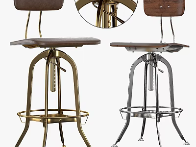 Modern Bar Stools with Brass and Silver Metal Frames Wooden Seats and Footrests 3d model
