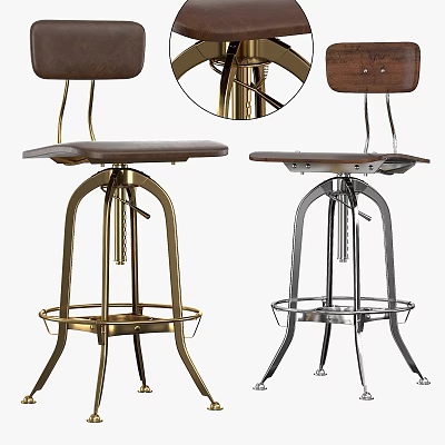 Modern Bar Stools with Brass and Silver Metal Frames Wooden Seats and Footrests 3d model