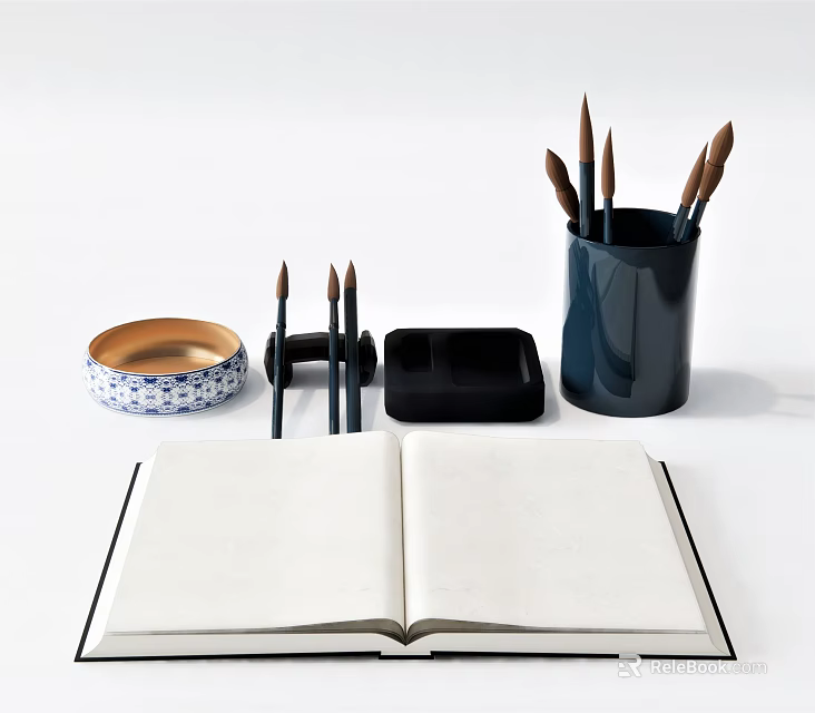 Open Blank Notebook With Calligraphy Brushes Ink Stone And Brush Holder 3d model