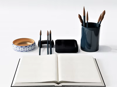 Open Blank Notebook With Calligraphy Brushes Ink Stone And Brush Holder 3d model