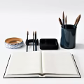 Open Blank Notebook With Calligraphy Brushes Ink Stone And Brush Holder 3d model