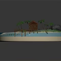 Cartoon Island Scene With Sand Beach Blue Water Brown Cabin Red Roof And Palm Trees