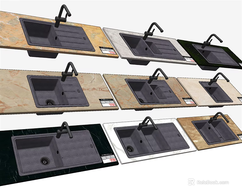 Stylish Kitchen Sinks Featuring Multiple Designs Various Countertop Colors And Faucets 3d model 