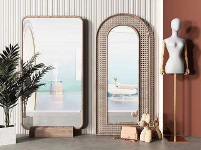 Stylish Arched And Rectangular Mirrors With Rattan Frame Near Mannequin Potted Plant And Teddy Bears 3d model