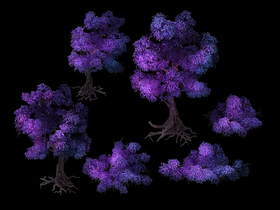 Purple and blue trees with visible trunks and roots against black background 3d model