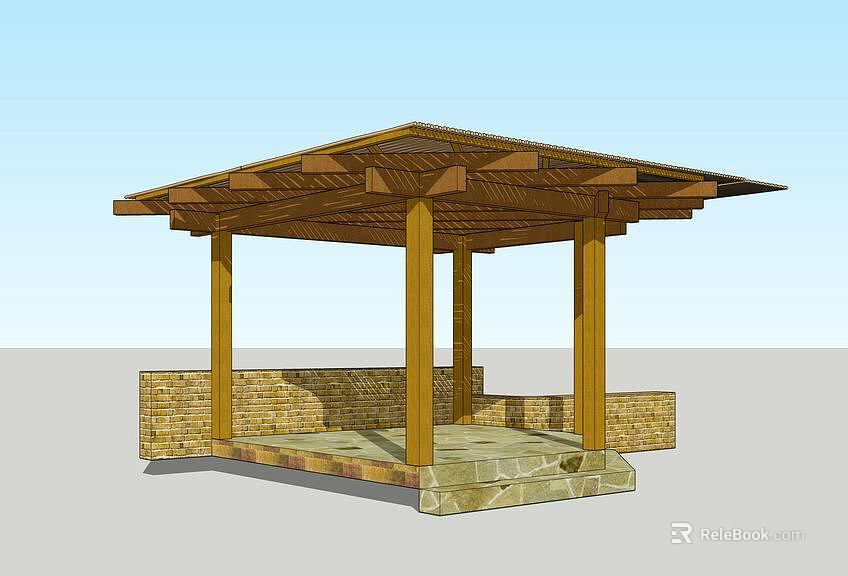 Outdoor Wooden Pavilion With Columns Stone Brick Base And Sloped Roof Structure 3d model 