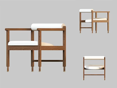 Minimalist Wooden Frame Dining Chairs With White Upholstered Seat And Armrest For Home 3d model