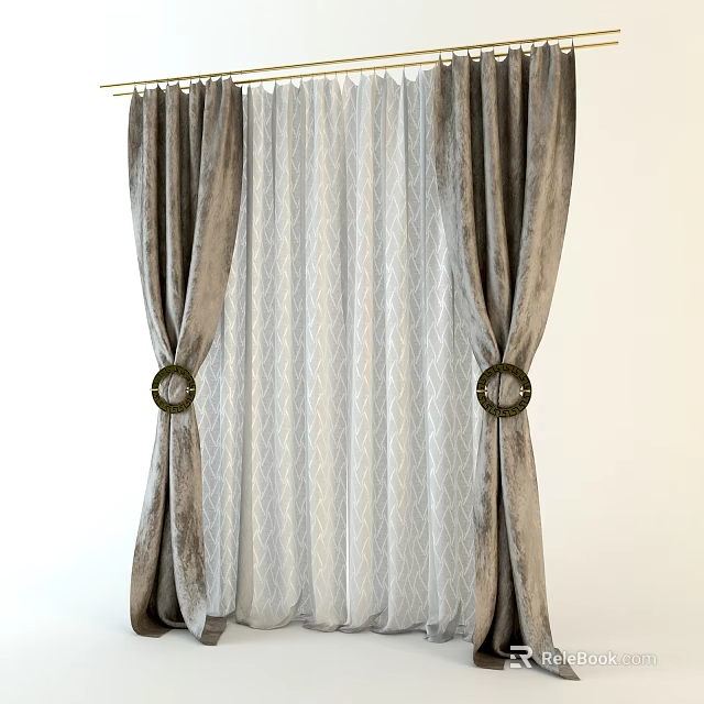Double Layer Curtains With Dark Velvet Outer And Light Patterned Sheer Inner With Golden Tiebacks 3d model 