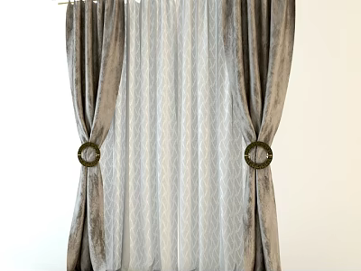 Double Layer Curtains With Dark Velvet Outer And Light Patterned Sheer Inner With Golden Tiebacks 3d model