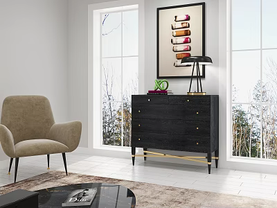 Black Entryway Console Table And Side Cabinet With Gold Accents Drawers Table Lamp Wall Art 3d model