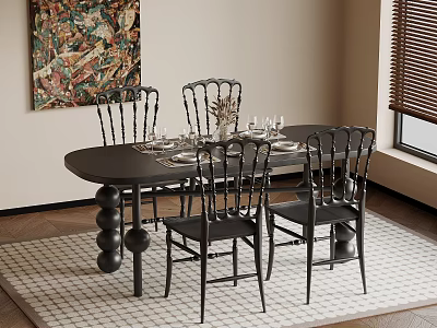 Oval Black Dining Table Set With Spherical Legs Carved Chairs And Colorful Artwork 3d model