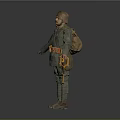 Military Figure In Green Uniform Standing With Hat Backpack And Equipment Against Gray Background