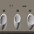 Three White Urinals Mounted On Wall In Restroom With Toilet Signs And Black Control Panels