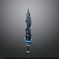 Fantasy Weapon Sword Featuring Blue Glowing Blade Intricate Patterns And Red Hilt