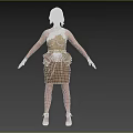 Woman Standing In Sleeveless Beige Top And Brown Pleated Skirt With High Heels