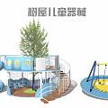 Colorful Children's Play Equipment with Tree House Spiral Staircase Slide Smiley Face Swing and Guardrail