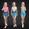 Young Women With Pink Hair Wearing Different Tops And Denim Shorts In White Shoes