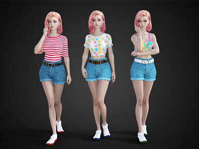 Young Women With Pink Hair Wearing Different Tops And Denim Shorts In White Shoes 3d model