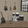 Acoustic Guitars On Wall And Floor With Drum Kit Cymbals And Stool In Music Room