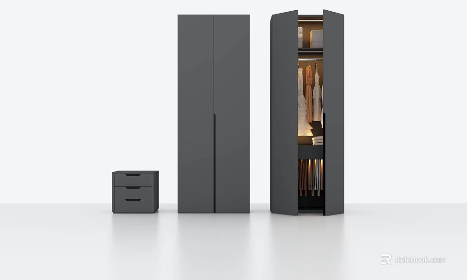 Modern Grey Wardrobes Interior Featuring Open Closet Clothes And Drawer Cabinet 3d model 