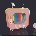 Vintage Pink Television with Colorful Stripe Screen Satellite And Small Antennas Light Bulb Decorated Frame