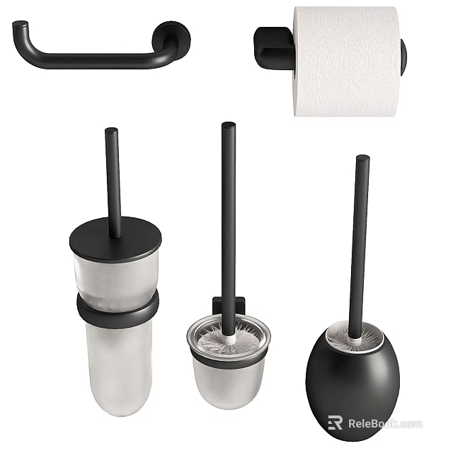 Stylish Modern Bathroom Accessories With Toilet Brush Toilet Paper Holder And Transparent Holders 3d model 