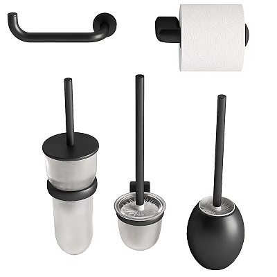 Stylish Modern Bathroom Accessories With Toilet Brush Toilet Paper Holder And Transparent Holders 3d model