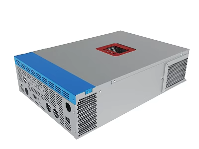 Power Inverter Device With Gray Body Blue Front Panel Red Label And Heat Sink Ports 3d model