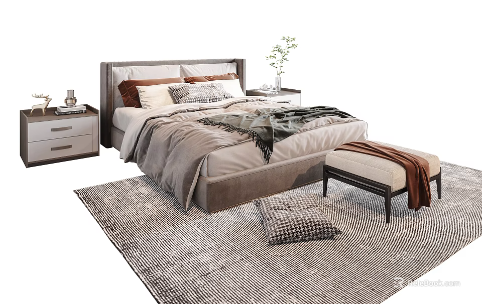 Modern Double Bed with Cozy Pillows Blanket Nightstand Bench and Area Rug 3d model 