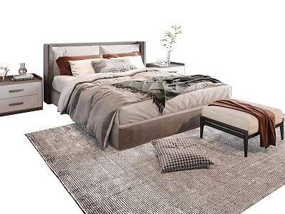 Modern Double Bed with Cozy Pillows Blanket Nightstand Bench and Area Rug 3d model