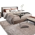 Modern Double Bed with Cozy Pillows Blanket Nightstand Bench and Area Rug