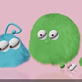 Fluffy Colorful Art Installation With Blue Green Characters Big Eyes Pink Background