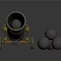 Vintage Old Style Cannon With Wooden Wheels And Three Cannonballs