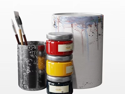 Industrial Coating Storage Equipment With Metal Paint Jars Brushes And Splatters Containers 3d model