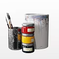 Industrial Coating Storage Equipment With Metal Paint Jars Brushes And Splatters Containers