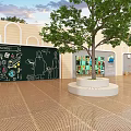 Modern Landscape Wall Featuring Colorful Patterns With Trees Circular Planter and Paved Outdoor Floor