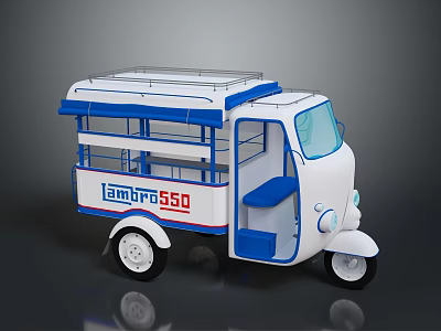 Elderly Man Riding Lambro 550 Tricycle With White And Blue Cabin Design 3d model