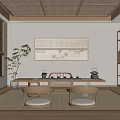 Traditional Tea Room With Woven Bamboo Ceiling Wooden Tea Table Chairs Wall Painting And Plant