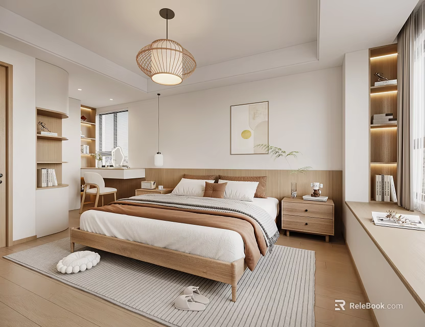 Modern Bedroom Interior Featuring Wooden Bed Wall Painting Pendant Lamp Bookshelves And Rug 3d model 