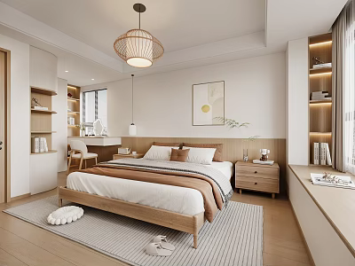 Modern Bedroom Interior Featuring Wooden Bed Wall Painting Pendant Lamp Bookshelves And Rug 3d model