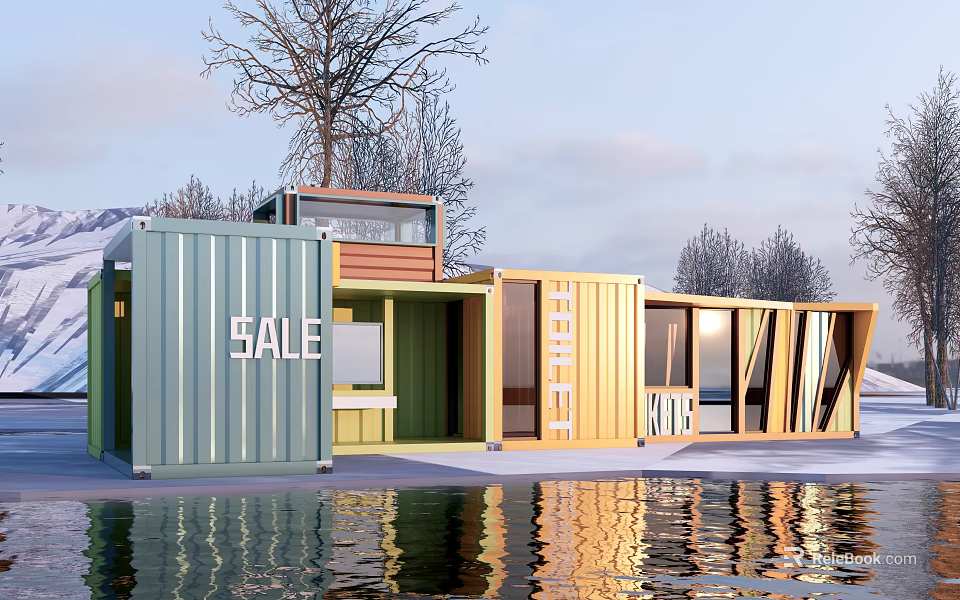 Modern Shipping Container Building With Green Yellow Units Sale Sign By Water And Trees 3d model 