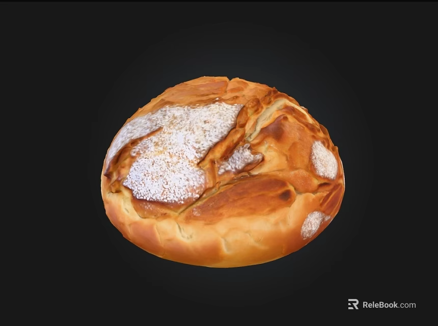 Golden Brown Round Bread With Cracked Surface And White Powder On Black Background 3d model 