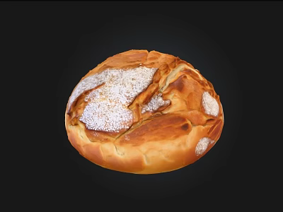 Golden Brown Round Bread With Cracked Surface And White Powder On Black Background 3d model